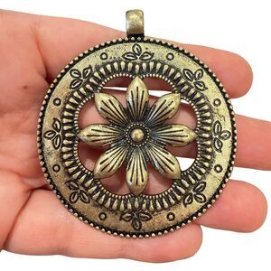 Vintage Jewelry Brass Daisy Pendant Large Flower Pendant
